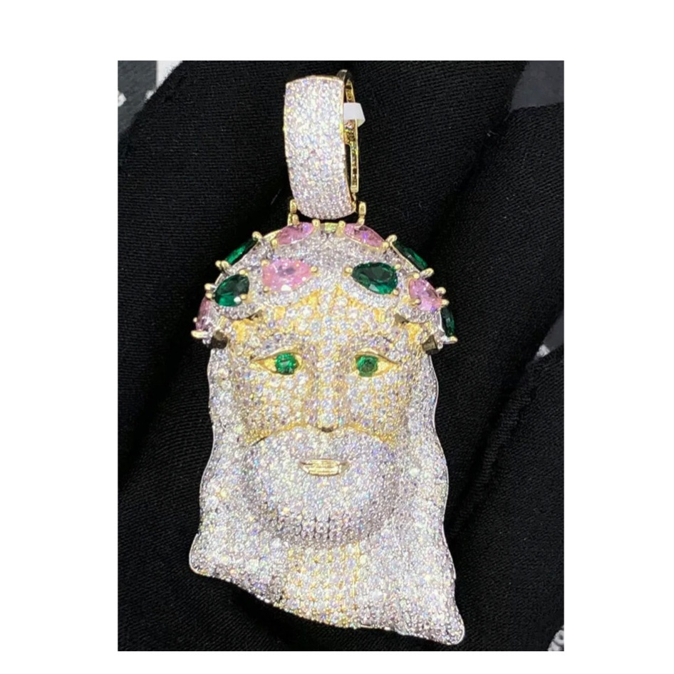 Jeweled Crown Jesus Piece Vvs Cz Hip Hop Iced Out Pendant Bling Bling Charm